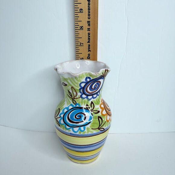 Small Hand Painted Italian Pottery Vase Signed Italy Yellow Green Blue Orange - Picture 8 of 10
